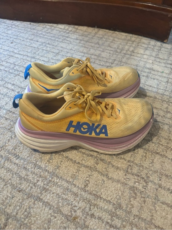 Hoka Shoes - HOKA Women's Yellow Running Shoes with Blue Logo and Purple Midsole